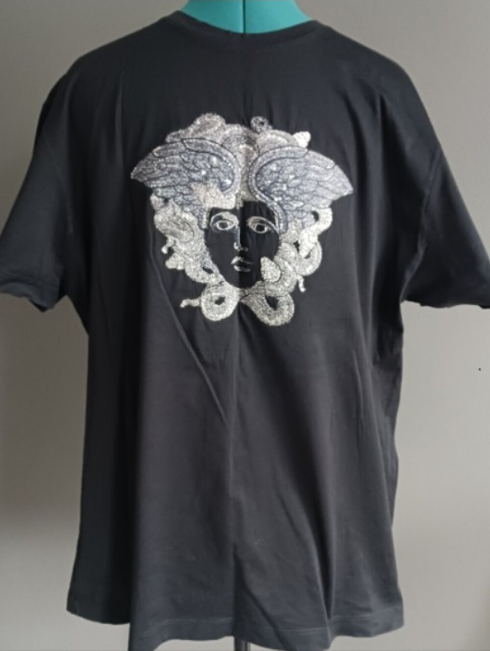 Versace Vintage Black T Shirt With Embroidered Medusa, Size 3XL, 23. 5 " Armpit